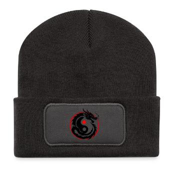 Tintenpinsel Chinesischer Drache Yin Yang - Recycelte Patch Beanie - Dunkelgrau - Vorne