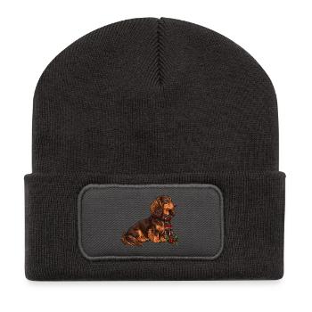 Weihnachtsdackel mit Schal - Recycelte Patch Beanie - Dunkelgrau - Vorne