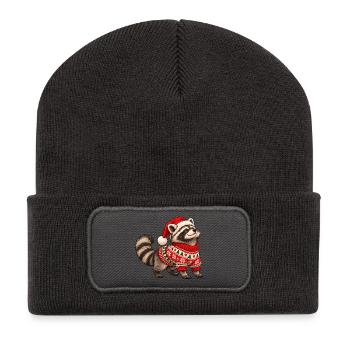Weihnachts Waschbär – Norwegerpullover - Recycelte Patch Beanie - Dunkelgrau - Vorne