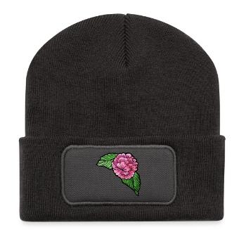 Rosa Pfingstrose auf schwarzer Seide - Recycelte Patch Beanie - Dunkelgrau - Vorne