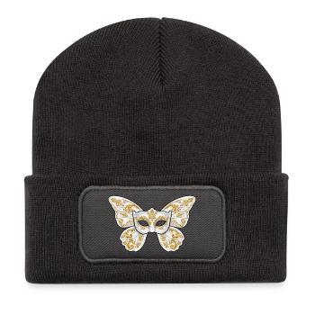 Verzierte goldene Maskenmaske - Recycelte Patch Beanie - Dunkelgrau - Vorne