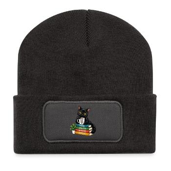Nerdy Katze mit Kaffee und Büchern - Recycelte Patch Beanie - Dunkelgrau - Vorne