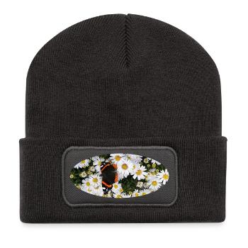 Red Admiral Butterfly auf Asters - Recycelte Patch Beanie - Dunkelgrau - Vorne