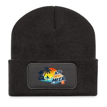 Tropischer_Sonnenuntergang_mit_ICH_WILL_MEER - Recycelte Patch Beanie - Dunkelgrau - Vorne