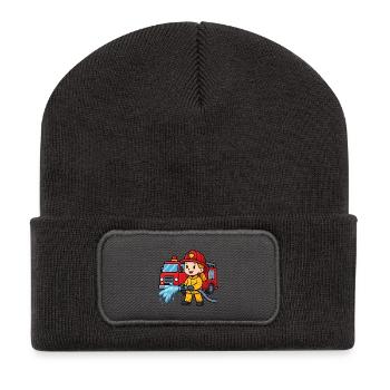 Feuerwehrmädchen mit Löschfahrzeug - Recycelte Patch Beanie - Dunkelgrau - Vorne