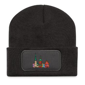 Riga Skyline im bunten Wachsmalstil - Recycelte Patch Beanie - Dunkelgrau - Vorne