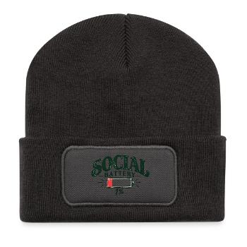 Social Battery 1% – Low Social Energy - Recycelte Patch Beanie - Dunkelgrau - Vorne