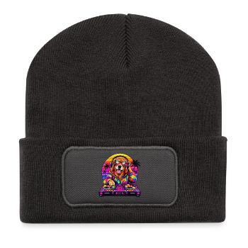 Neon-DJ-Hund in Sunset Palms - Recycelte Patch Beanie - Dunkelgrau - Vorne