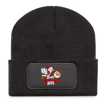 Weihnachtsstorch mit Geschenkpaket - Recycelte Patch Beanie - Dunkelgrau - Vorne