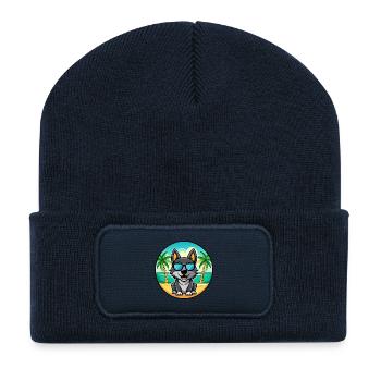 Schwarzer Norwegischer Elchhund Hunderasse Cartoon Strand - Recycelte Patch Beanie - French Navy - Vorne
