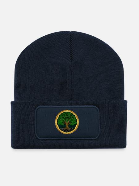 Baum des Lebens - digitale Zeichnung - Holzoptik - Recycelte Patch Beanie - French Navy
