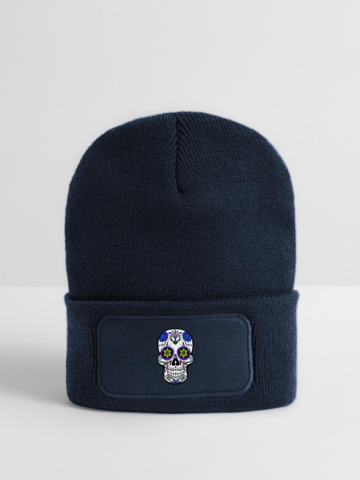 mexikanischer Schädel - Recycelte Patch Beanie - French Navy - Vorne
