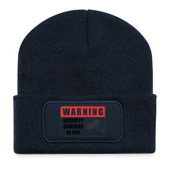 Warning CCTV Camera Badge Security Sign Icon - Recycled Patch Beanie - french navy - Front