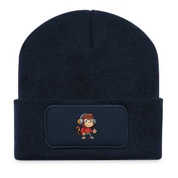 Monkey Funny Cartoon Character Headphone Music - Recycled Patch Beanie - french navy - Front