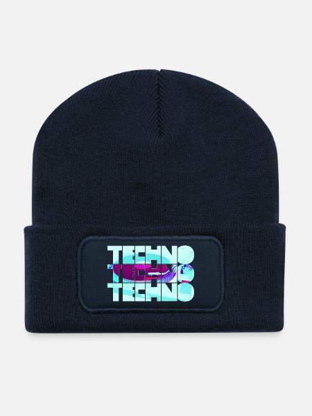 Techno Neon Muster - Recycelte Patch Beanie - French Navy