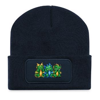 Drei weise Drachen – Nichts sehen hören sagen - Recycelte Patch Beanie - French Navy - Vorne