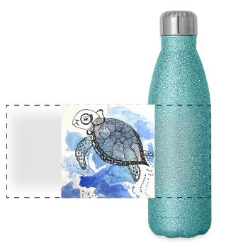 Turtle Monocle Illustration Watercolor - Panoramic Glitter Thermal Bottle 500 ml - blue glitter - Front