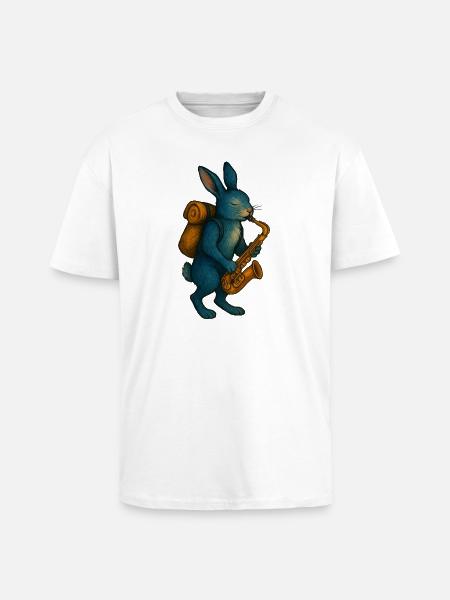 Lapin Bleu avec Saxophone - T-shirt unisexe oversize épais - blanc