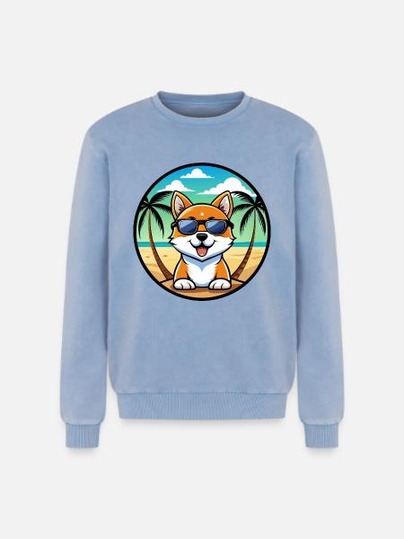 Hokkaido Hondenras Cartoon Zonnebril Strand - Unisex Premium acid-wash sweater van katoen - blauw zuurgewassen