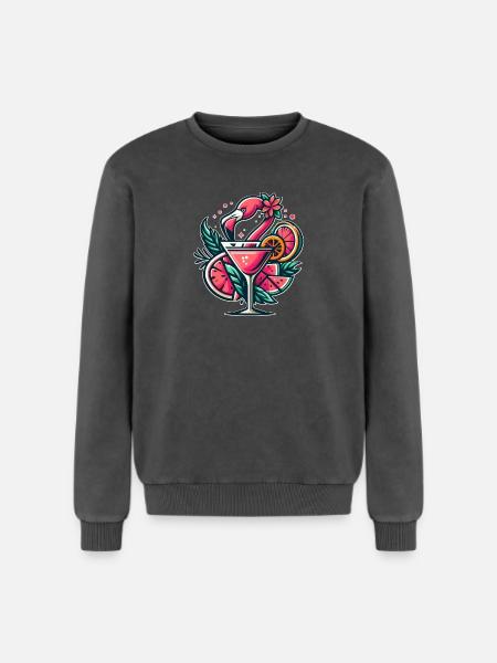 Flamingo Cocktail Logo - Relaxed Unisex Premium Acid Washed Sweatshirt - acid washed black