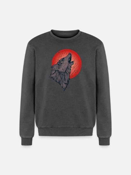 Howling wolf, full moon - Relaxed Unisex Premium Acid Washed Sweatshirt - acid washed black