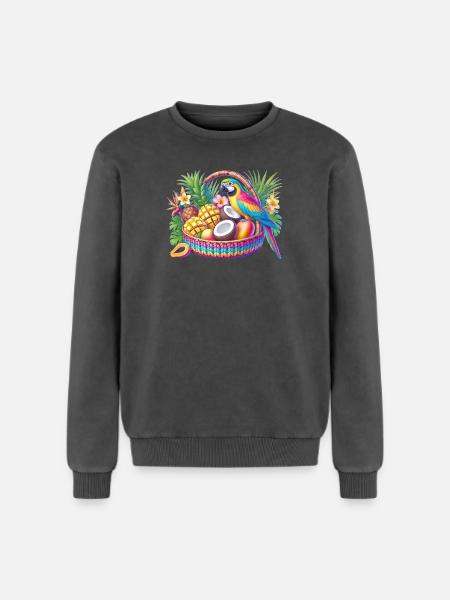 Obstkorb mit Papagei - Relaxed Unisex Premium Acid-Washed Sweatshirt - Schwarz Acid Wash