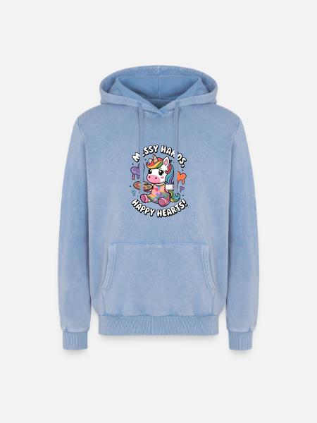 Messy Hands, Happy Hearts! - Relaxed Unisex Premium Acid Washed Hoodie - acid washed blue