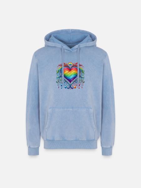 Rainbow Heart - Relaxed Unisex Premium Acid Washed Hoodie - acid washed blue