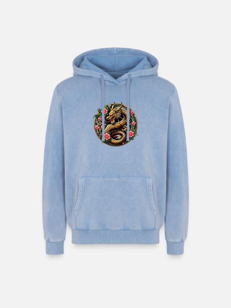 Dragon de Chine - Sweat à capuche unisexe Premium acid-wash en coton - bleu délavé acide