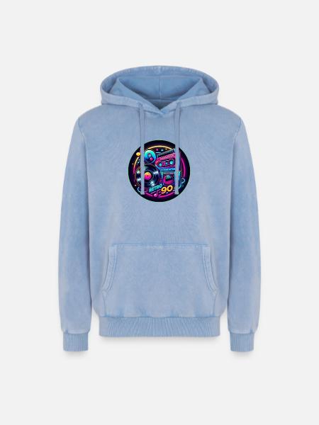 Retro 90s Logo - Relaxed Unisex Premium Acid Washed Hoodie - acid washed blue