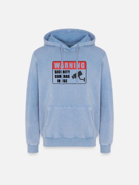 Warning CCTV Camera Badge Security Sign Icon - Relaxed Unisex Premium Acid Washed Hoodie - acid washed blue