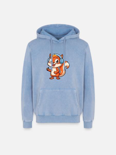 Ekorre Rolig Tecknad Figur Hörlurar Musik - Unisex Premium huvtröja i bomull med acid wash - blå syratvättad