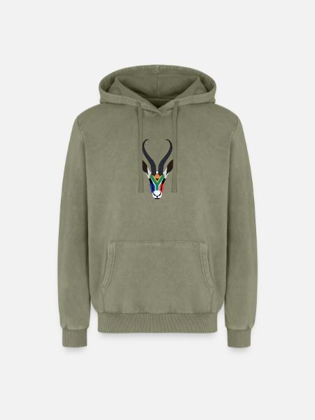 SPRINGBOK HEAD IN SOUTH AFRICAN COLOURS - Relaxed Unisex Premium Acid Washed Hoodie - acid washed green