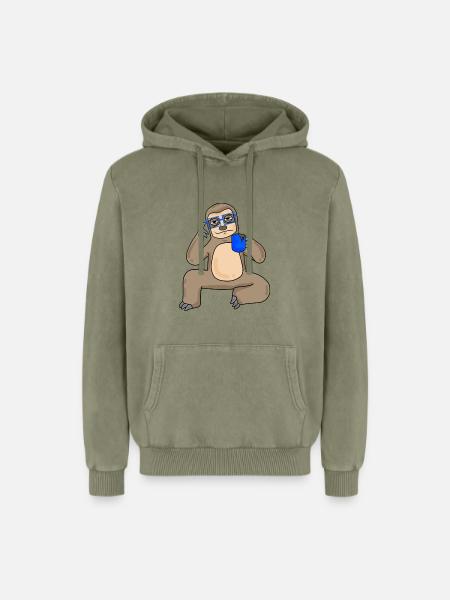 Sloth with glasses and coffee - Relaxed Unisex Premium Acid Washed Hoodie - acid washed green