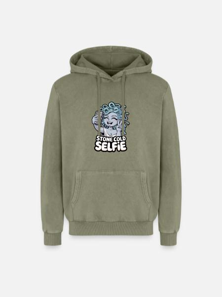 Stone Cold Selfie - Relaxed Unisex Premium Acid Washed Hoodie - acid washed green