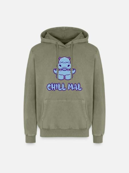 Chill Mal Hippo Meditation - Relaxed Unisex Premium Acid-Washed Hoodie - Grün Acid Wash