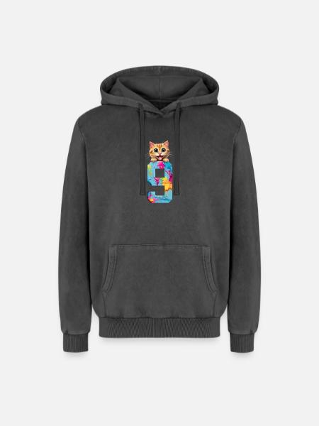 9 YEARS OLD CAT 9TH BIRTHDAY - Relaxed Unisex Premium Acid Washed Hoodie - acid washed black