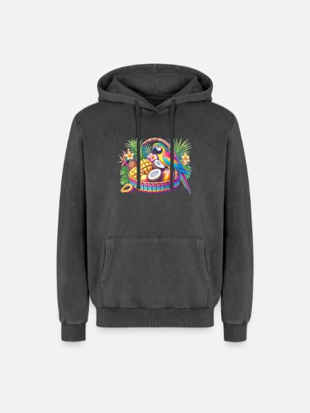 Obstkorb mit Papagei - Relaxed Unisex Premium Acid-Washed Hoodie - Schwarz Acid Wash