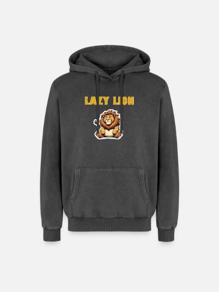 Lazy Lion Cartoon - Relaxed Unisex Premium Acid Washed Hoodie - acid washed black
