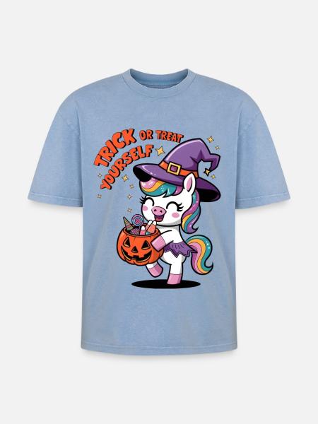 Trick Or Treat Yourself - Oversized Unisex Premium Acid-Washed T-Shirt - acid washed blue
