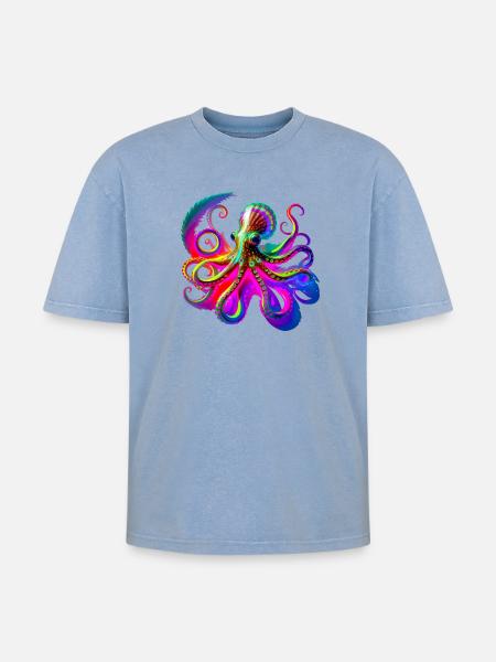 Psychedelic Neon Octopus - Oversized Unisex Premium Acid-Washed T-Shirt - acid washed blue