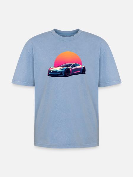 Electric Wave - Oversized Unisex Premium Acid-Washed T-Shirt - acid washed blue