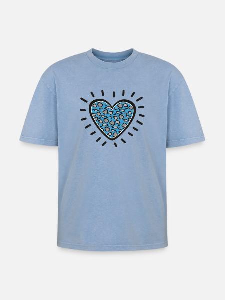 Leopard Heart Burst - Oversized Unisex Premium Acid-Washed T-Shirt - acid washed blue