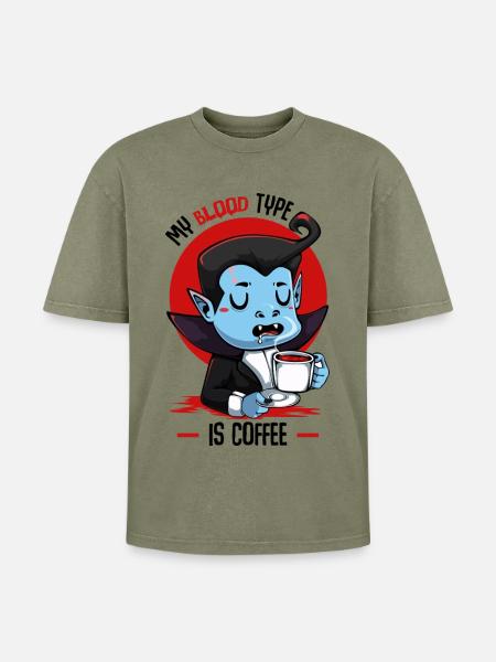 Blood Coffee Vampire Cartoon - Oversized Unisex Premium Acid-Washed T-Shirt - acid washed green