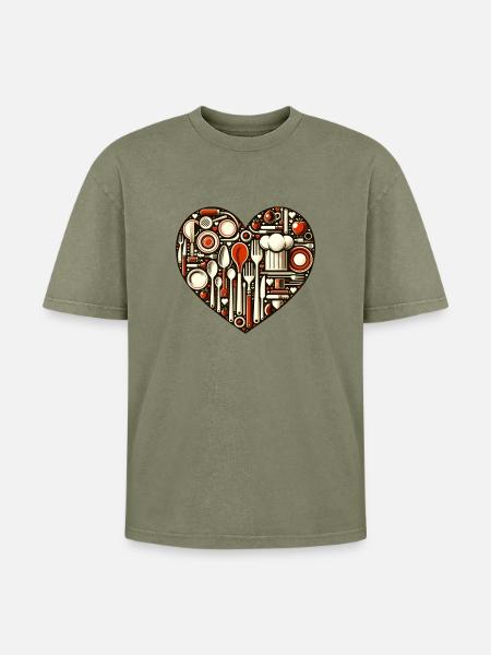 Küchenliebe Herz - Oversized Unisex Premium Acid-Washed T-Shirt - Grün Acid Wash