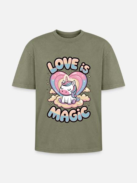 Love Is Magic - Oversized Unisex Premium Acid-Washed T-Shirt - acid washed green
