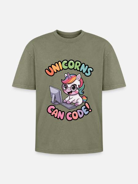 Einhörner können programmieren! - Oversized Unisex Premium Acid-Washed T-Shirt - Grün Acid Wash