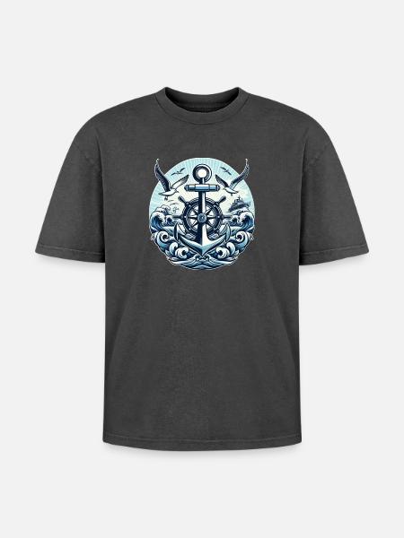 Anker Steuerrad Logo - Oversized Unisex Premium Acid-Washed T-Shirt - Schwarz Acid Wash