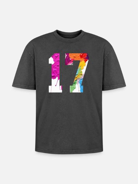 FARBIG NUMMER 17 BUNT 17. GEBURTSTAG - Oversized Unisex Premium Acid-Washed T-Shirt - Schwarz Acid Wash