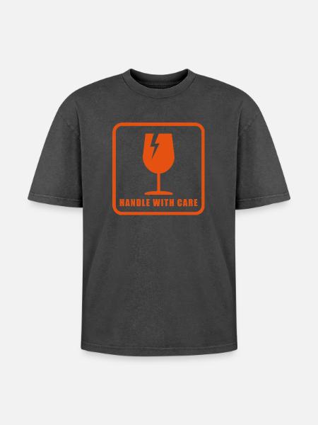 Panneau d’étiquette d’expédition Fragile Handle With Care - T-shirt Premium unisexe oversize acid-washed - noir délavé acide